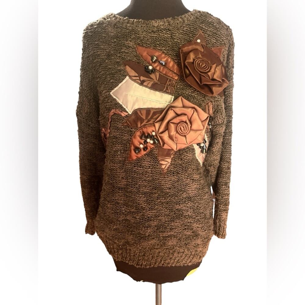 Vtg Knit 3D Rosette Granny Cottagecore Artsy Sweater M Lagenlook Dark Romantic
